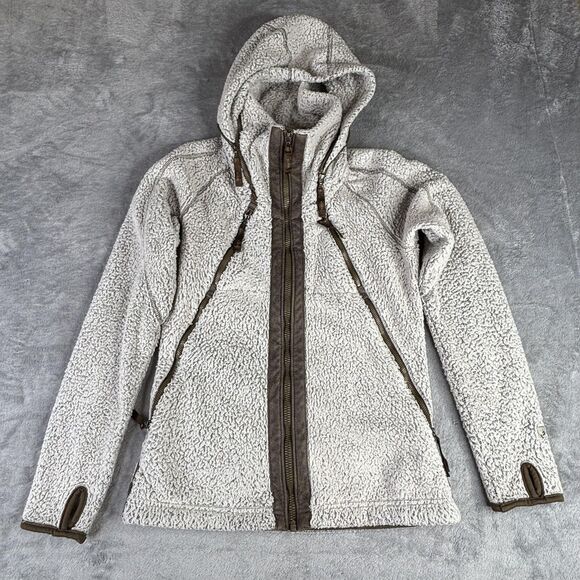 Kuhl Flight Jacket Womens XS Ivory Sherpa Fleece Hooded Full Zip Thumbholes - Picture 2 of 15
